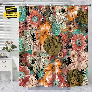 Boho Floral Shower Curtains, Vintage Floral Shower Curtain Set, Waterproof Fabri - Picture 1 of 8