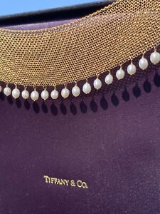 Tiffany & Co 18K Gold Elsa Peretti Pearl Mesh Link Collar Necklace 39 Grams Case