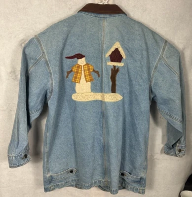 Chaqueta vaquera vintage Sun Belt para mujer Navidad Let it Snow Man abrigo largo L Foto 1 de 4