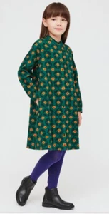 Uniqlo Marimekko Emerald Green & Orange Floral Girls Flannel Dress, Sz 9-10 - Picture 1 of 12