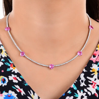 10.10 TCW Synthetic Pink Sapphire Heart SI/H Diamond Necklace 14k White Gold - Image 1 of 4