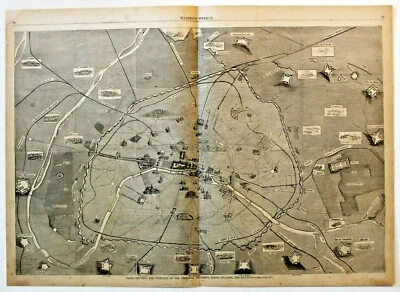 BUILDINGS, FORTS, VILLAGES, RAILWAYS OF PARIS, FRANCE Antique map engraving 1871 - Image 1 of 4