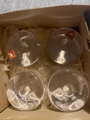 Orrefors Sweden 4 Crystal Glass Candle Stick Holders Branded Stickers Box - Image 1 of 4