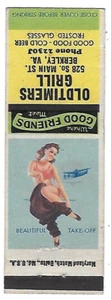 Pin-Up Matchbook Cover-OLDTIMERS GRILL, BERKLEY, VA.-"BEAUTIFUL TAKE OFF" - Picture 1 of 3