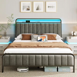 Full Size Bed Frame with LED Light and Charging Station, Upholstered Headboard a - Picture 1 of 7