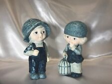 Vintage 70S Boy and Girl in Denim and Hat Figurine Set Made in Japan