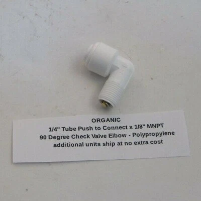 ORGANIC 1/4" Tube Push to Connect x 1/8" NPT Check Valve Elbow - 90 Degree - PP  - Image 1 of 4