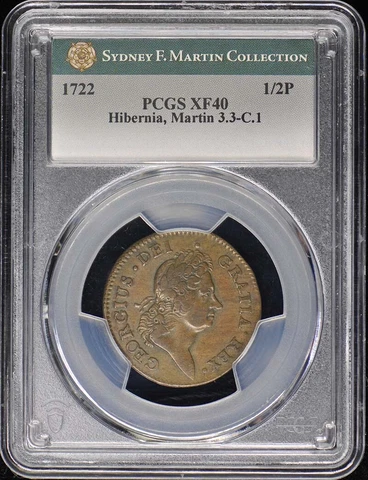 1722 1/2 P Hibernia, Harp Right Colonials Wood's PCGS XF40BN Martin 3.3-C.1 Cover