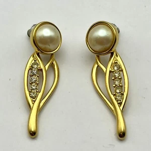 Faux Pearl Pierced Earrings Rhinestone Gold Tone Post Dangle Drop Stud 1.5 in - Picture 1 of 5