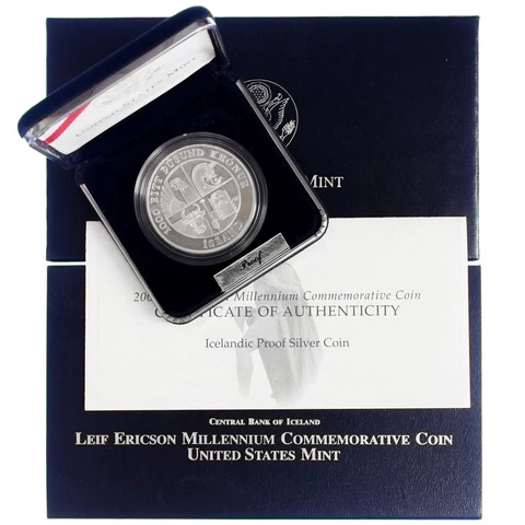 2000 P Leif Ericson 1000 Kronur Proof Commemorative 90% Silver OGP Iceland Cover