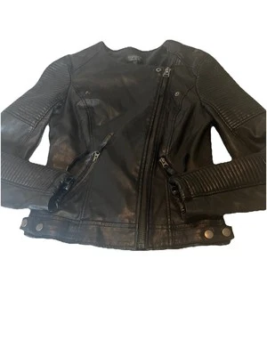 Topshop Moto Faux Leather Jacket Womens 2 Black Quilted Biker Zip Pockets - Image 1 of 4
