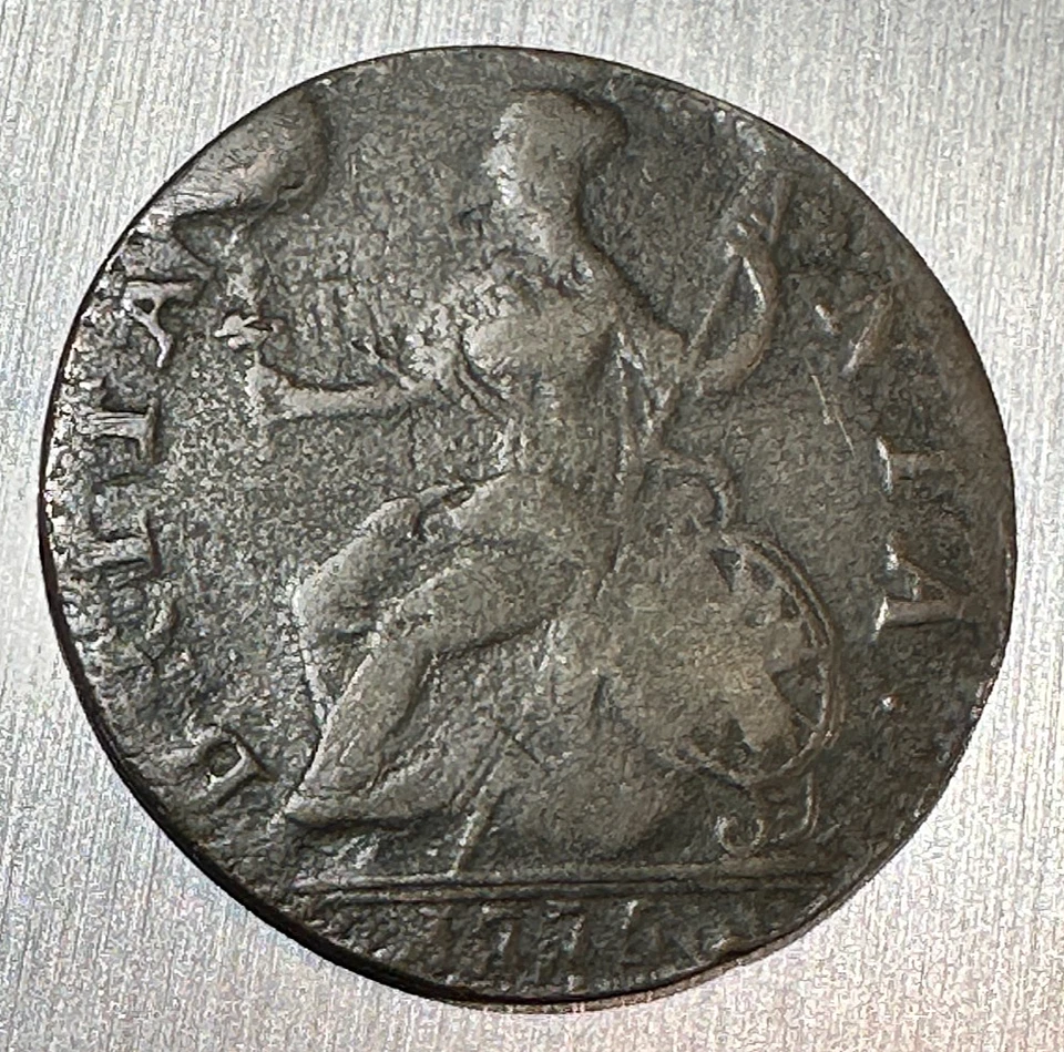 1775 Grã-Bretanha Halfpenny Bom Marrom Muito Bom Grande Cud Die Break KM-601 CHRC - Imagem 1 de 2