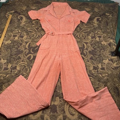 Vintage 1960s Sears Coral Pink Jumpsuit Wide Leg Size 11 Junior Disco - Image 1 of 4