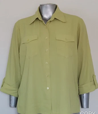 Mujer JOANNA BLUSA CAMISA TOP Talla L Botones Bolsillos Pestaña Enrollable Manga 3/4 Verde Foto 1 de 4