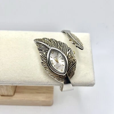 Womens Hinged Watch Bracelet Silver & Gold Tone New Battery WORKs Vintage - Image 1 of 3