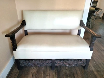Antique Carved Mahogany + Leather Settee Sofa - Image 1 of 4
