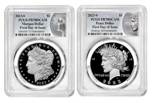 2023 S MORGAN & PEACE SILVER DOLLAR $1 2PC SET PCGS PR70DCAM FDOI  W/OGP - Picture 1 of 1