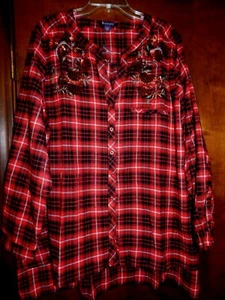 Neu ohne Etikett Roaman's rot/schwarz kariert mit Bling Plus S 24W L/S Baumwollmischung hoher/niedriger Saum - Bild 1 von 10