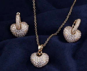 14k Gold Plated 3D Heart Pendant Necklace Earrings Set made w Swarovski Crystal - Picture 1 of 10