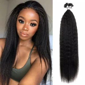 Kinky Straight U Tip Human Hair Extension Pre Bonded Nail Tip Fusion Hair 100Pcs - Picture 1 of 12