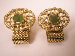 Genuine Green Jade Stone Wraparound Mesh Watchband Vintage Cuff Links - Picture 1 of 7