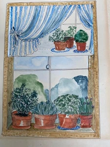 PLANTAS DE VENTANA DE ACUARELA VINTAGE Y PERSIANA ENROLLABLE ESCENA A TRAVÉS DE VENTANA sin firmar - Imagen 1 de 2