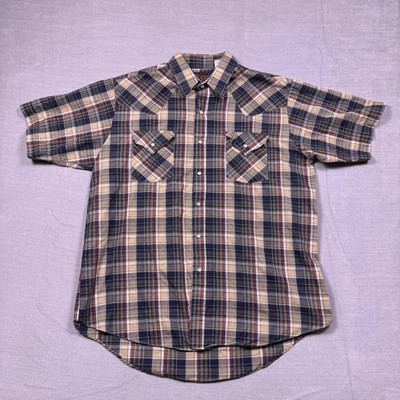 Camisa masculina Plains Western Wear manga curta xadrez pérola botão de pressão azul bege - Imagem 1 de 4