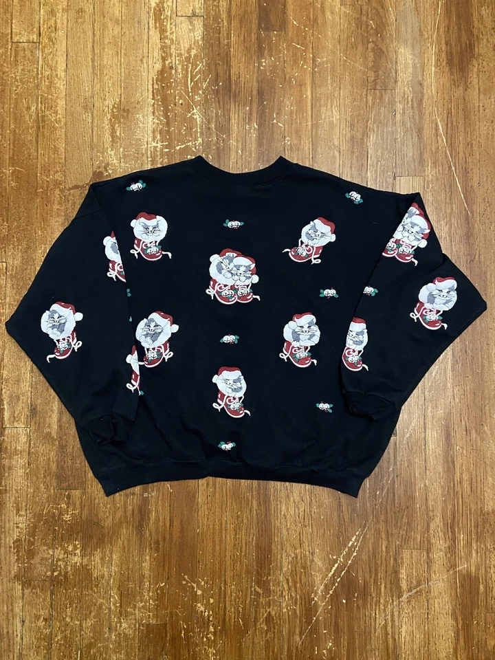 Sudadera grande vintage Cottagecore Christmas Holiday Cat AOP negra para mujer EE. UU. Foto 1 de 4
