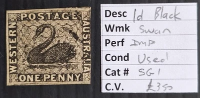 1854 Western Australia 1d Black Imperf Swan Stamp WMK Swan Sways Used Cat £350 - Image 1 of 3