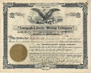 NEW JERSEY & NEVADA, 1906 Tonopah-Liberty Mining Company Stock Certificate - Picture 1 of 2