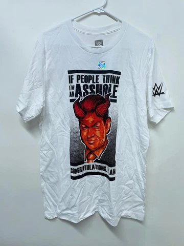 Vince McMahon Mens L WWE I m an A**hole T Shirt White Wrestlemania Devil WWF Cover