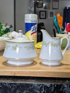 Mikasa Fine China GREENBRIER Creamer and Sugar Bowl with Lid Gold Trim 3b - Picture 1 of 6