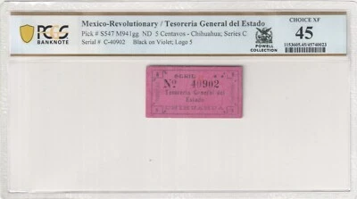Mexico Rev / Tesoreria Gen. del Estado P#S547 M941gg ND 5 Centavos PCGS Ch XF 45 - Image 1 of 2