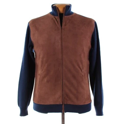Luciano Barbera NWT Cashmere/Suede Leather Sweater Size 56 (2XL US) Blue & Brown - Изображение 1 из 4
