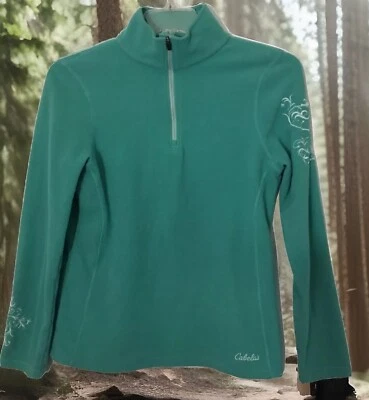 Cabelas Green Fleece Jacket Pullover 1/4 Zip Floral Embroidered Sleeves Size S - Image 1 of 4