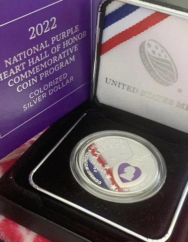 đź’ś 2022 National Purple Heart Hall of Honor Colorized Silver Dollar 22CQ OGP&COA Cover