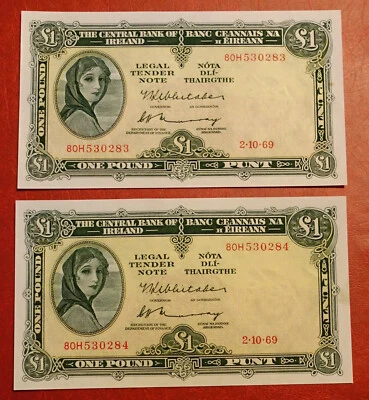 2x £1 aUNC Irish 2.10.69 Lady Lavery PUNT -{ 80H 530283 & 84 }-Consecutive - Image 1 of 2