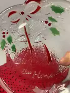 Piatto vintage in cristallo di Natale con fiocco punta a vischio e campane piatto dice benedizione - Foto 1 di 3