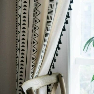 Geometric Semi-Blackout Window Curtains Bohemian Style Cotton Linen Curtains - Picture 1 of 12