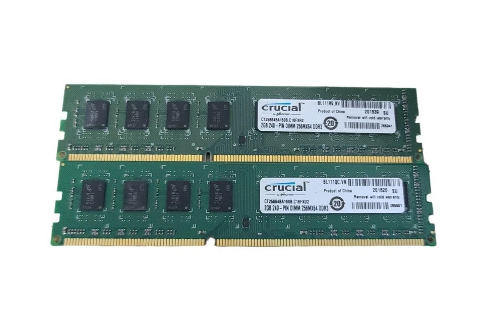 lot of 2 Crucial Micron CT25664BA160B.C 240 Pin 2GB DDR3 SDRAM RAM Memory Module - Image 1 of 4