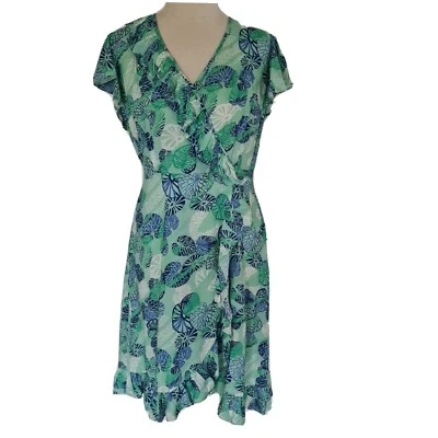 Hi There Karen Walker Womens Leaf Print Short Sleeve A-Line Dress Size 8 Green - image 1 of 4