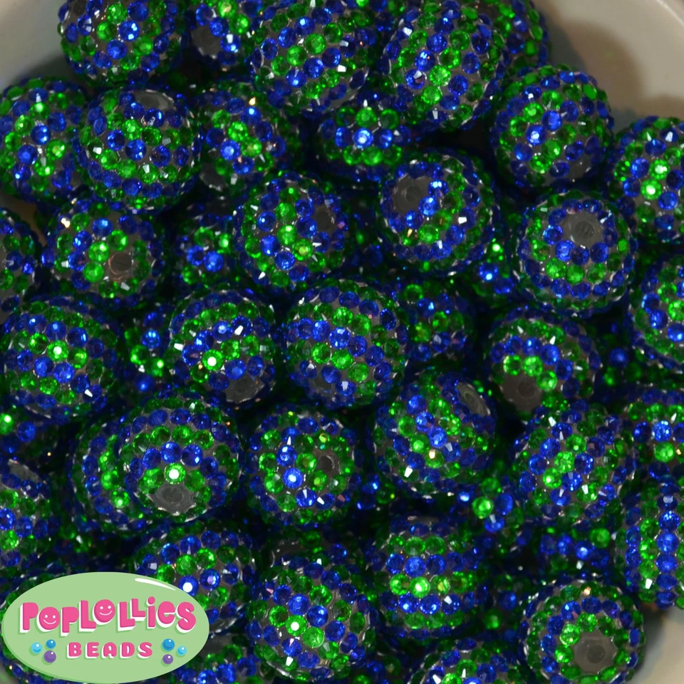 20mm Royal Blue and Green Stripe Rhinestone Bubblegum Beads 20pc lot gumball - Image 1 of 1