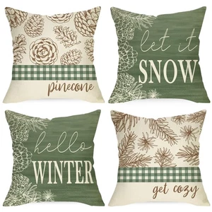 Hello Winter Pine Cone Decorative Throw Pillow Covers 20 x 20 Set of 4, Let I... - Picture 1 of 7