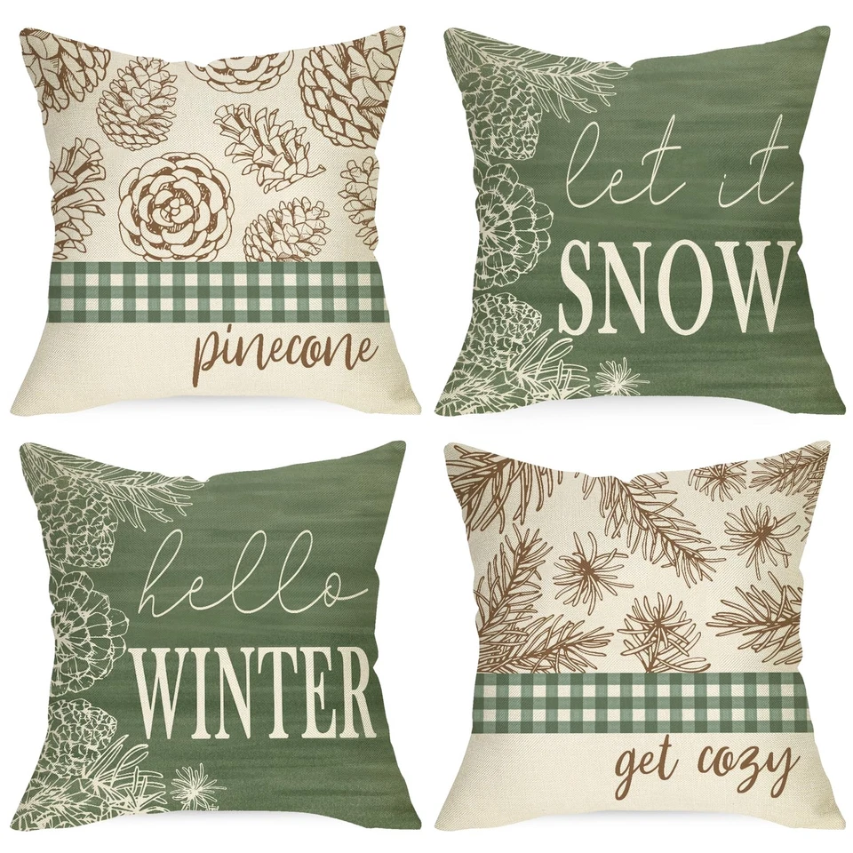 Hello Winter Pine Cone Decorative Throw Pillow Covers 20 x 20 Set of 4, Let I... - Image 1 of 4