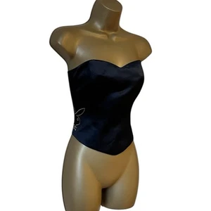 Y2K Playboy black strapless satin lace up corset top with gold bunny size 10 - Picture 1 of 7