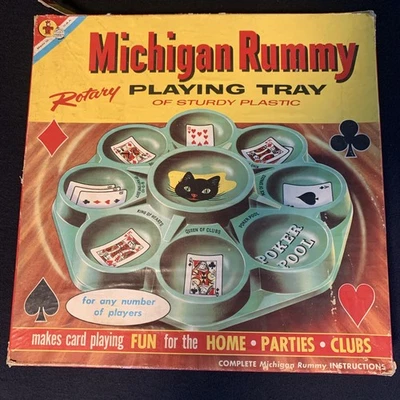 RARE VTG 1959 TRANSOGRAM BLACK CAT MICHIGAN RUMMY Board Tray Kitty Pot w/ Mat  - Image 1 of 4