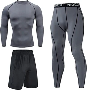 Mens GYM 3 piece Compression Running Set Rashguard Base Layer shorts Leggings - Picture 1 of 16