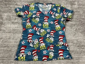 Dr Suess Cat in the Hat Scrub Top Womens XS Blue AOP Short Sleeve V-Neck - Picture 1 of 12