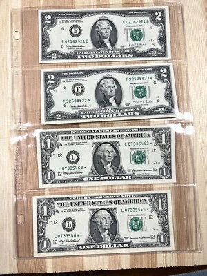 2 Consecutive 1999 UNC $1 San Francisco STAR Notes + 2 UNC 1995 $2 Bill Notes - Image 1 of 4