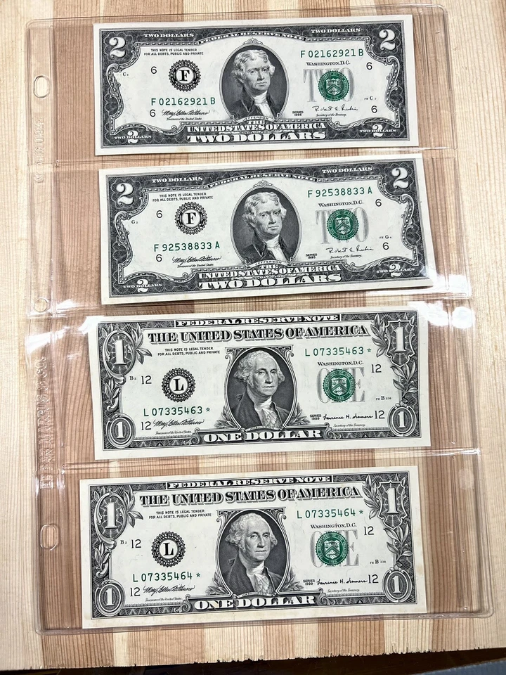 2 Consecutive 1999 UNC $1 San Francisco STAR Notes + 2 UNC 1995 $2 Bill Notes - Image 1 of 4